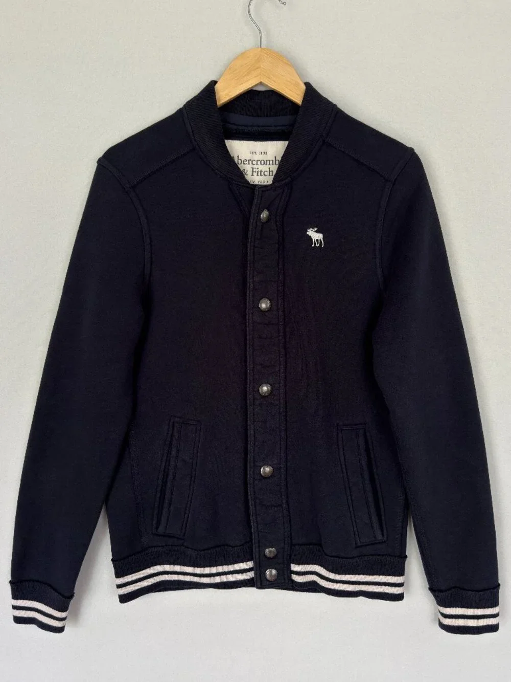 Abercrombie & Fitch Varsity Navy Blue Bomber Jacket Y2K Mens Small Snap Front